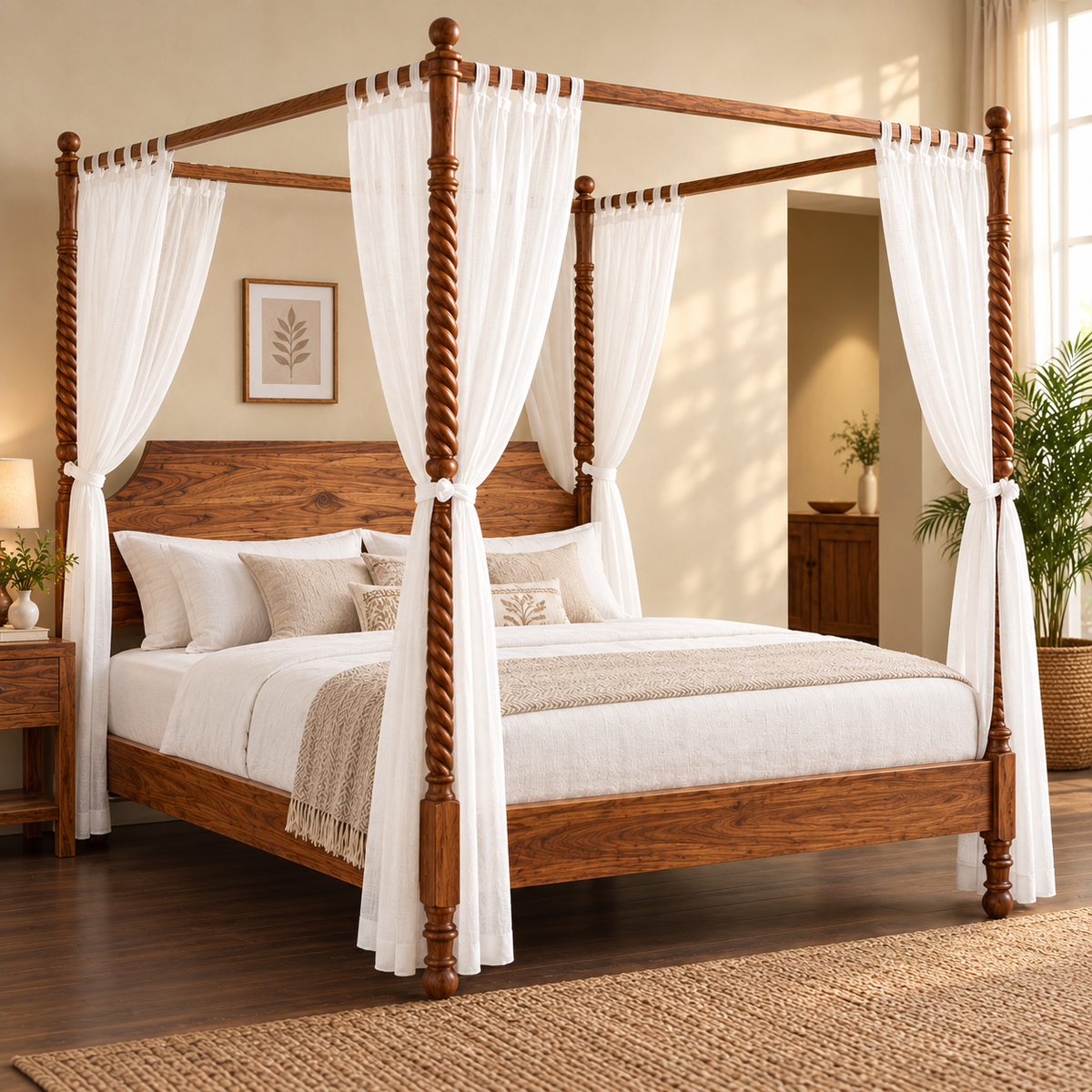 Ostara Solid Wood Canopy Bed | Wooden Four Poster Bed – MARWARI CRAFT